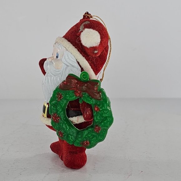Vintage Flocked Santa Claus Holding Wreath Ornament Christmas Hong Kong - Picture 7 of 9